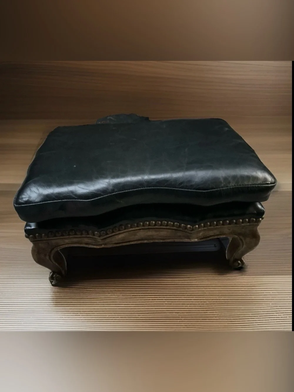 Vtg French Black Soft  Leather Country Provincial Chair Stool With Nail Head
